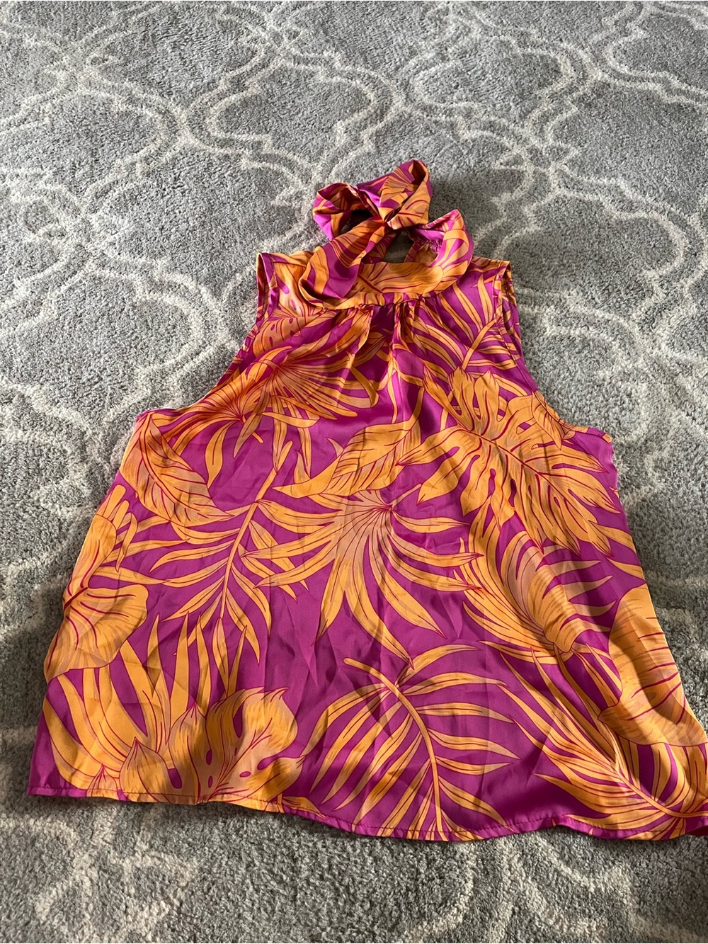 entro Tropical Print Ruffled Halter Blouse in Magenta and Orange